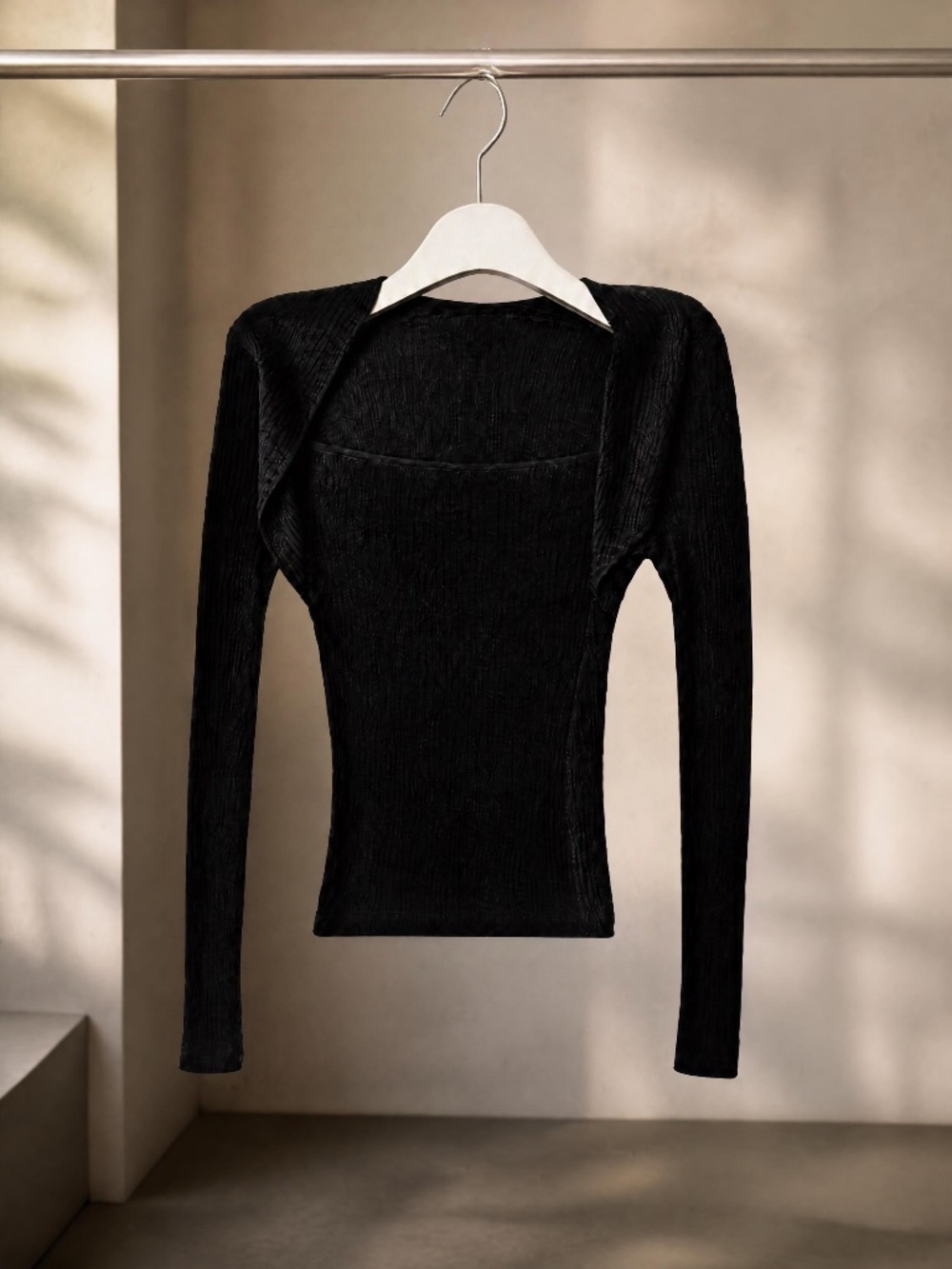 Major Label Group, black long-sleeve square-neck ribbed knit top.